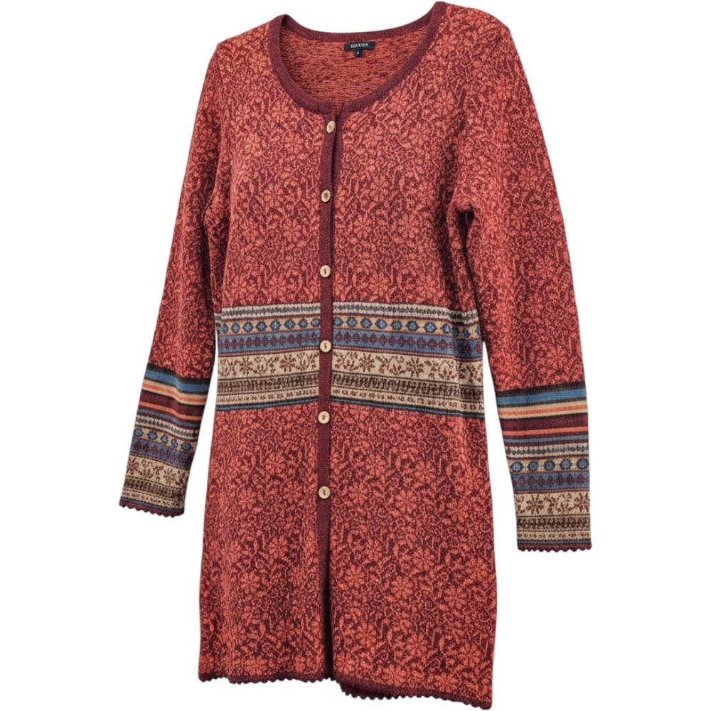 Novica Cardigan Sweater Womens L Red 100% Alpaca Wool Knit Longline Button Front